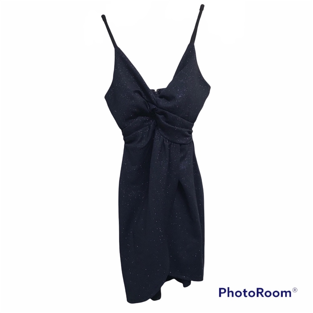 Shimmering Spaghetti Strap Dress Dark Blue High Low Tie Front Accent Size 5 NEW